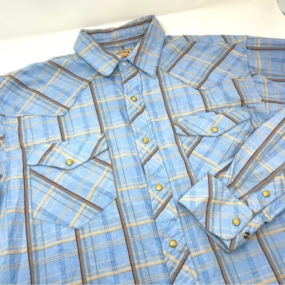 Resistol‎ Double R Pearl Snap Shirt Longsleeve Western Wear Blue Beige Tan Large